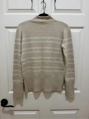 French Connection Beige with White Stripes Mock Neck Sweater Size - Medium thumbnail 2