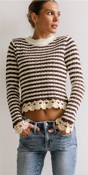 Bohme NWT Striped Crochet Trim Sweater Womens Medium Brown Cream thumbnail 1