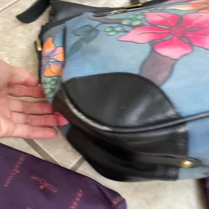 Anuschka Hand Painted Leather Hobo Bag Blue Tropical Bird Floral coin&cell case thumbnail 14