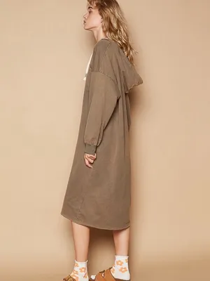POL Vintage Washed V-Neck Long Sleeve French Terry Hoodie Lounge Dress Taupe thumbnail 3