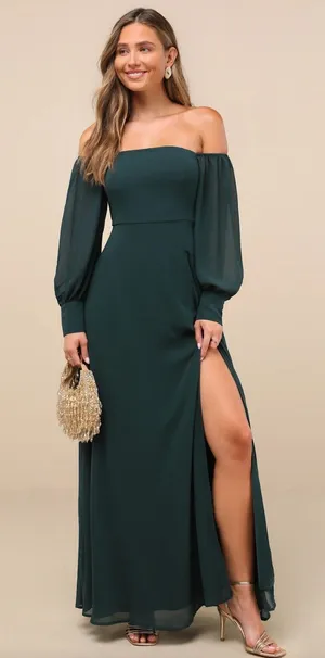 Lulus Feel the Romance Emerald Green Of The Shoulder Maxi Dress Formal L NWT thumbnail 1