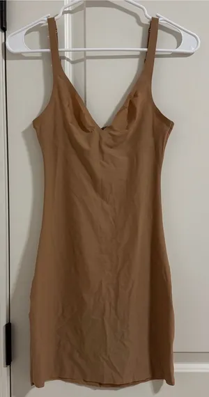 SKIMS Tan Slip Mini Dress with V-Neck thumbnail 1