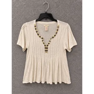 Sundance Womens Top Size S Cream Beaded V-Neck Babydoll Linen Blend Short Sleeve thumbnail 2