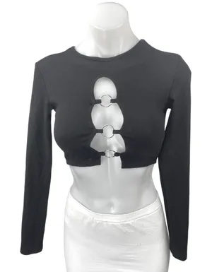 Edikted Women's Black Cutout Crewneck Long Sleeve Knit Crop Sweater Top Size XS thumbnail 1