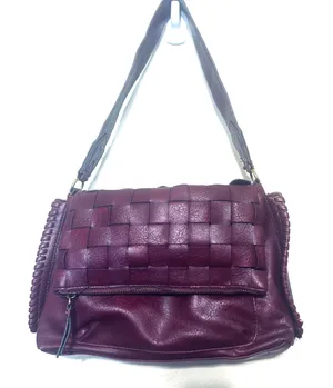 Burgundy Vegan‎ Leather shoulder bag woven flap purse slouchy hobo whipstitch thumbnail 1