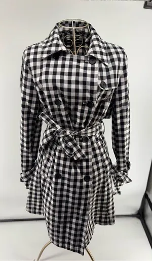 French Connection Gingham Trench Coat Women’s Small Black White Belted thumbnail 1