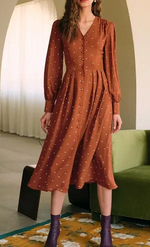 Rihoas Brown Polka Dot Pleated Midi Dress thumbnail 3
