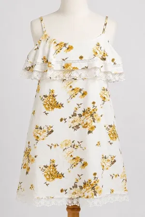 Universal Thread Floral Linen Blend‎ Lace Trim Mini Dress XS Yellow White Boho thumbnail 1
