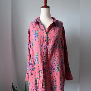 NATURAL LIFE Pink Floral Button-Front Long Sleeve Dress Cotton Oversized Pockets thumbnail 3