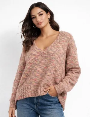 Pilcro‎ Anthropologie Deep V-Neck Oversided Spacedye Slouchy Sweater Size M thumbnail 1