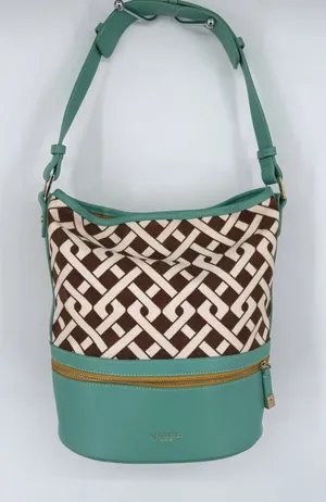 Spartina 449 Madison Stanley Bucket Bag Linen Liner Leather Teal Brown Geometric thumbnail 1