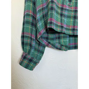 Anthropologie Pilcro Cropped Puff-Sleeve Soft Crinkle Green Plaid‎ Blouse Small thumbnail 5