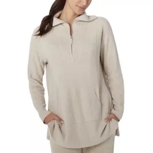 Barefoot Dreams CozyChic Lite High Rib Half Zip Tunic Sweater Biscotti Cream XL thumbnail 2