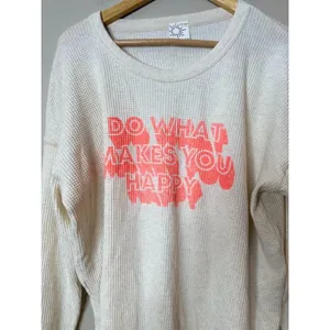 Aerie Do What Makes You Happy‎ Waffle Knit Thermal Top Oversized Medium Ivory thumbnail 3
