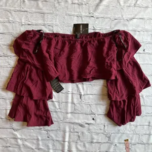Off Shoulder Aubergine Layered Sleeve Boho Cropped Top Blouse NWT NEW thumbnail 9