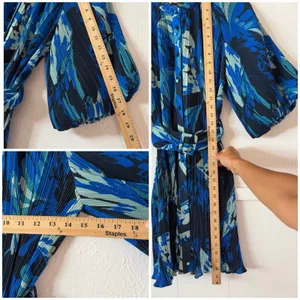 Ciebon XS Blue Pleated Floral Belted Mini Dress Balloon Sleeve Button Front thumbnail 9