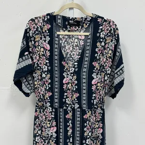 Minkpink Navy Floral Button Front Maxi Dress Boho Tassel Waist Pink Cream Medium thumbnail 3