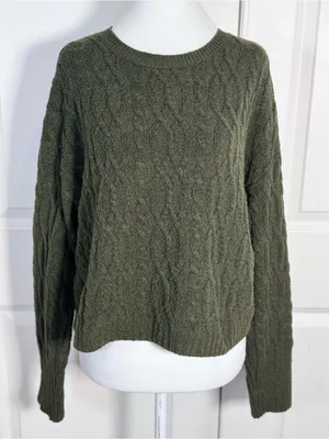 Wild Fable Olive Green Cable Knit Cropped Sweater S Boxy Preppy Academia Fall CabinCore thumbnail 2