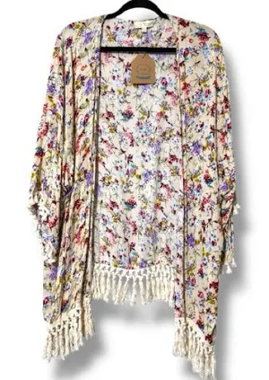 Kori America plus women’s 1XL/2XL Open Cardigan Womens Cover Up Floral Fringe thumbnail 1
