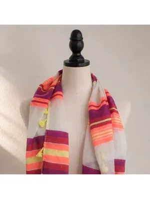 Colorful Striped Infinity Scarf Tassel Fringe Coral Purple Yellow Boho thumbnail 2