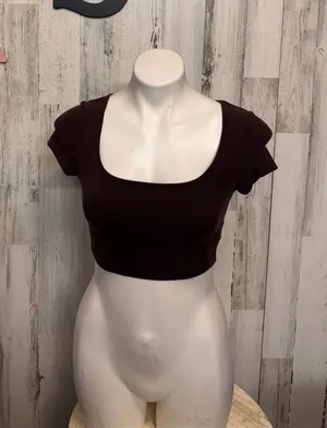 Brown Crop Top XS Fitted Stretch Short Sleeve Basic Minimalist Top Brown thumbnail 1
