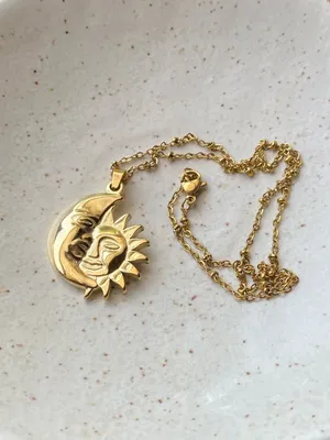 Handmade gold tone stainless steel whimsical vintage boho style sun & moon necklace🌛🌞 thumbnail 3