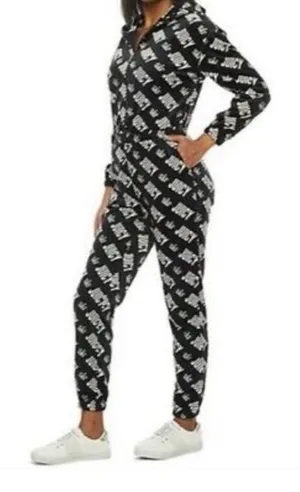 Y2K JUICY COUTURE Velvet Logo Print Hooded Jumpsuit Black Velour Vintage Glam XS thumbnail 1