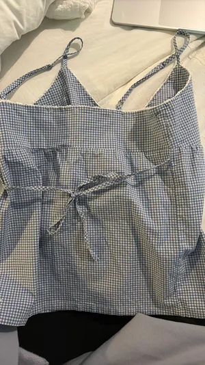 Brandy Melville Top Gingham Blue White Tie Back thumbnail 3