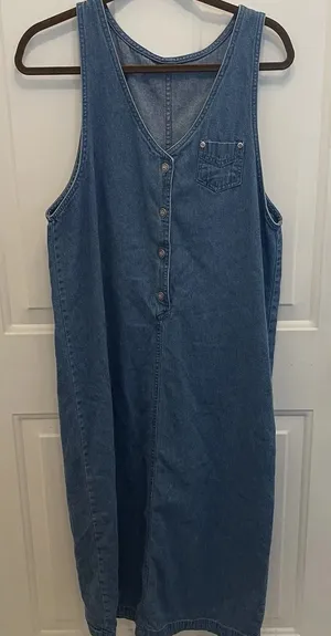 Vintage Denim Button Front Sleeveless Maxi Dress Jumper‎ Blue Cottage Coastal thumbnail 1