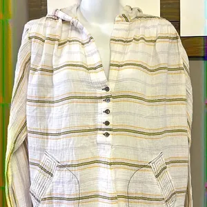 FREE PEOPLE-Rolling Clouds 100% Cotton Hoodie Pocketed White Stripe Blouse-Small thumbnail 2