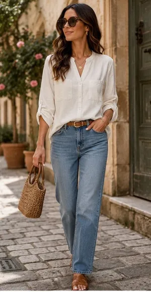 Nine West Jeans Womens Linen Blend Button Down Top Cream Long Sleeve Medium thumbnail 1