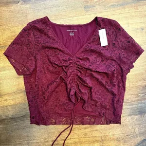 American Eagle Outfitters Maroon Lace Ruched Tie Front Ruffled Hem Crop Top thumbnail 1