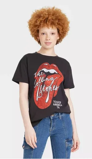 Distressed‎ THE ROLLING STONES Short Sleeve Rock T-Shirt Washed Black Women L thumbnail 1