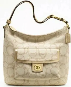 Coach Signature Penelope Purse Linen Leather Crossbody Shoulder Bag Cream Gold thumbnail 1