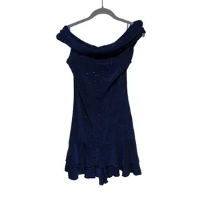 CHICME Women's Navy Blue Glitter Off Shoulder Ruffle Mini Dress Size L thumbnail 2