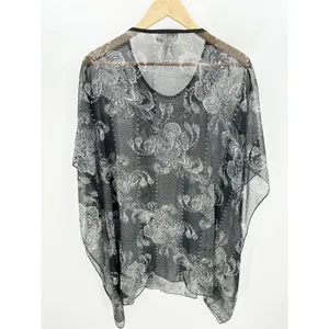 Soft Surroundings Black Cream Sheer Beaded‎ Poncho Swim Cover Up S/M 26733 thumbnail 2