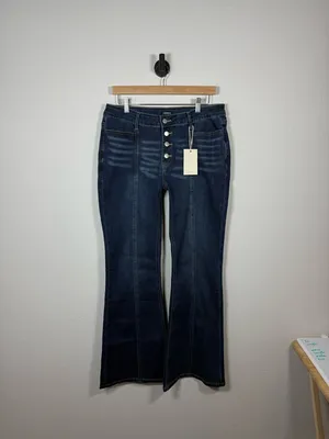 Flamingals Button Fly Flare Jeans Womens XL Dark Wash High Rise NWT thumbnail 4