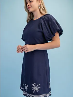 GIGIO Palm Tree Embroidered Linen Mini Dress Bubble Sleeve Medium thumbnail 4
