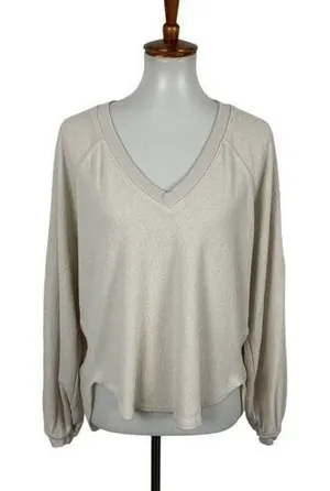 Urban Outfitters Cozy Knit V Neck Long Sleeve Cropped Sweater Top‎ Small Beige thumbnail 1