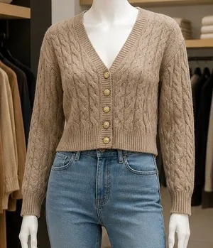 H&M Womens Cardigan Taupe Cable Knit Cropped Gold Button‎ Small thumbnail 1
