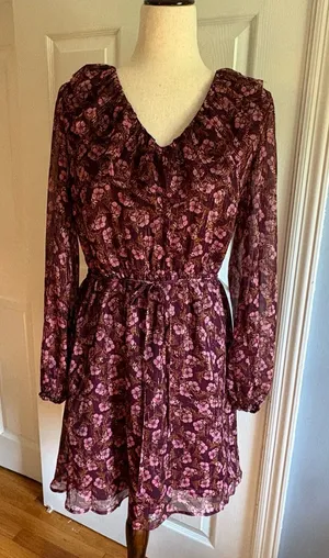 LOFT Women’s Floral Metallic Ruffle Above Knee Dress Purple Medium thumbnail 1