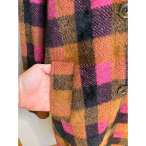 NVLT Pink‎ Brown Buffalo Plaid Double Breasted Fuzzy Longline Coat Coatigan thumbnail 5