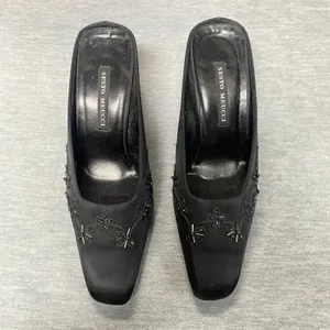 Vintage Sesto Meucci Black Satin‎ Beaded Embellished Mule Heels Sz 7 M Old Money thumbnail 4