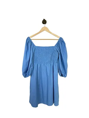 Tuckernuck Annie Linen Smocked Square Neck Puff Sleeve Woven Dress Blue M thumbnail 2