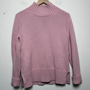 J. Crew Women 100% Cotton Sweater XS Pink Mock Neck Ribbed‎ Side Slits FIsherman thumbnail 1