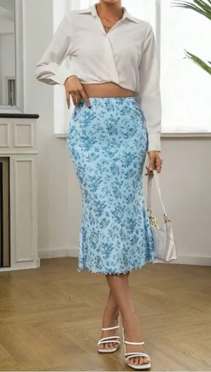 SHEIN Floral Print Lettuce Trim Mermaid Hem Skirt, Baby Blue, Size S, NWOT thumbnail 6