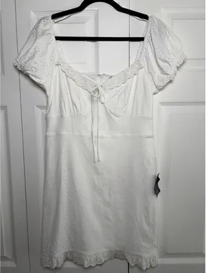Lulus Eyelet Lace Mini Dress Size S White Puff Sleeve Romantic NEW Rush Sorority thumbnail 1