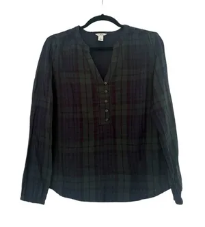 L.L. Bean Green Blue Plaid Tartan Blouse Peasant Top 100% Cotton Size Medium thumbnail 1