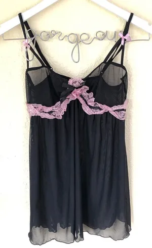 Black/Pink Mesh Lace Lingerie Top S thumbnail 1