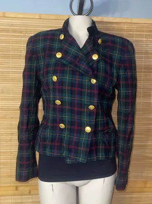Vintage JH Collectibles military-style double-breasted wool blue plaid jacket 10 thumbnail 1